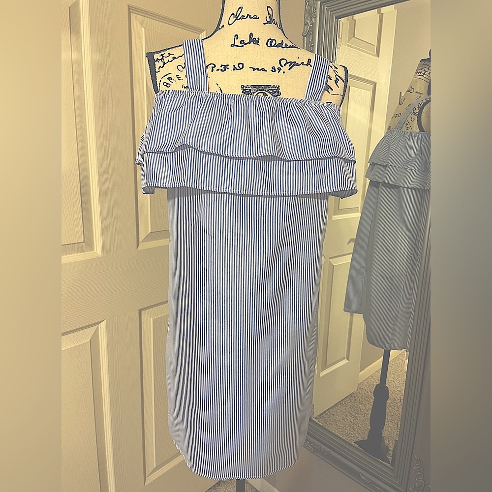 Blue and white stripped, off shoulder dress